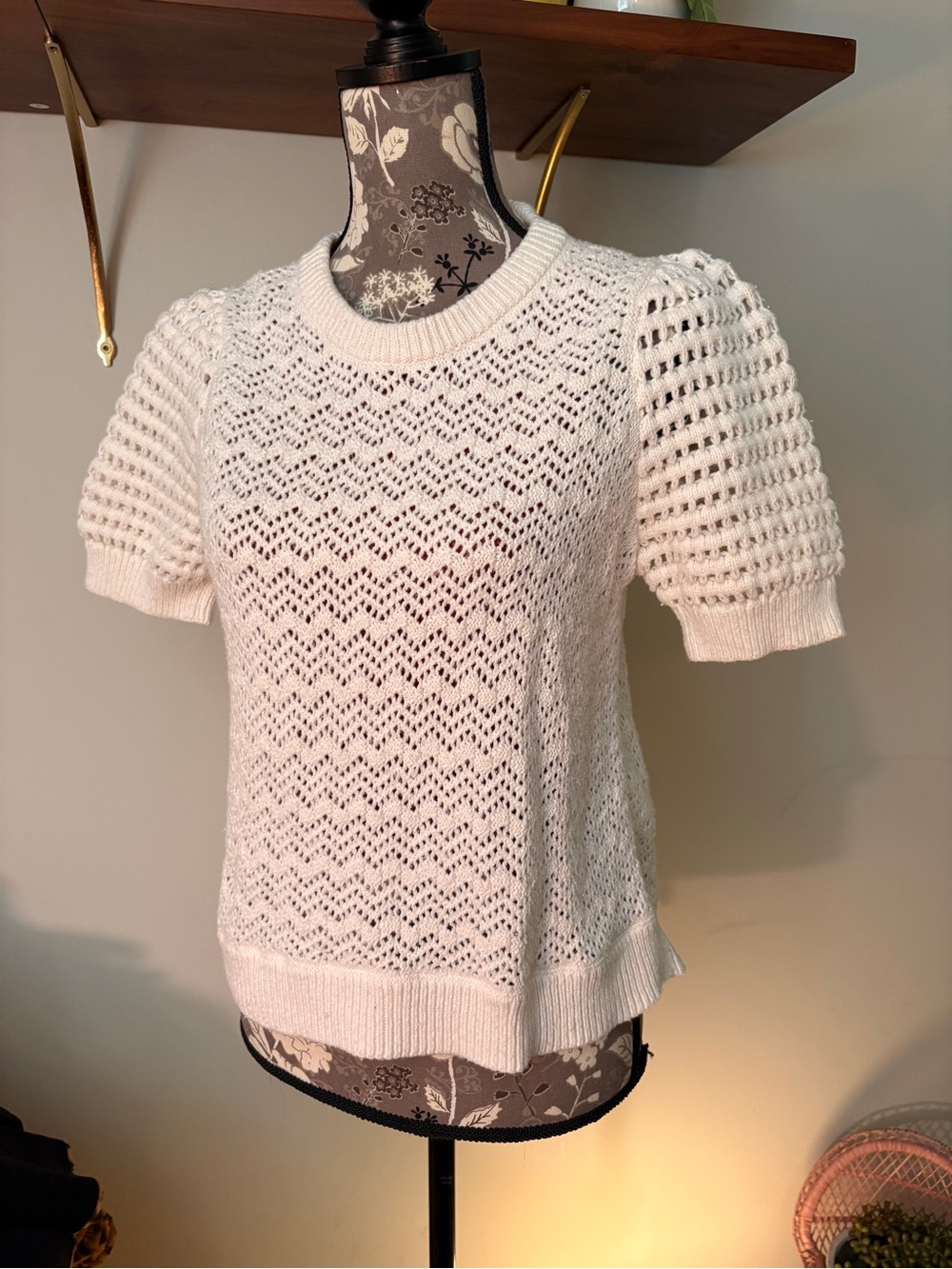 Madewell Cream Pointelle Knit Puff Sleeve Sweater Top Medium